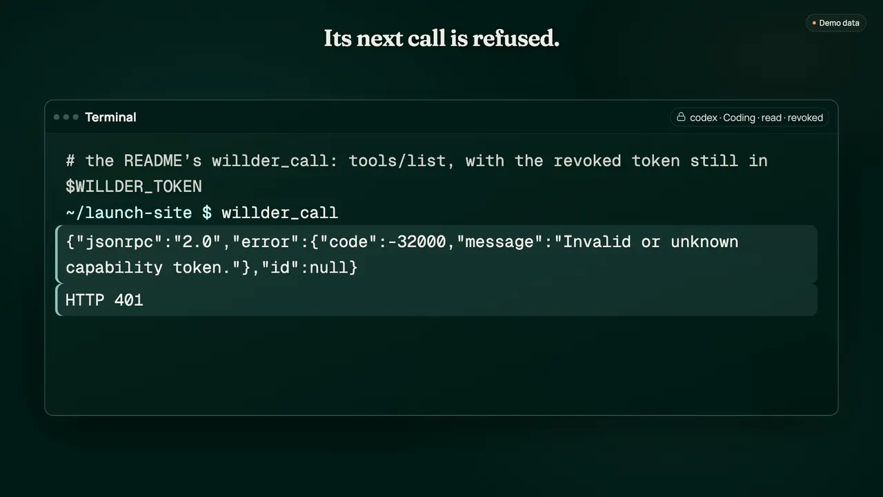 Demo data. Wide screens: a token is revoked, its next call gets HTTP 401 “Invalid or unknown capability token.”, and the refusal is in the audit log. Phones: an agent on a Marketing token asks the same question and gets “No facts found.”